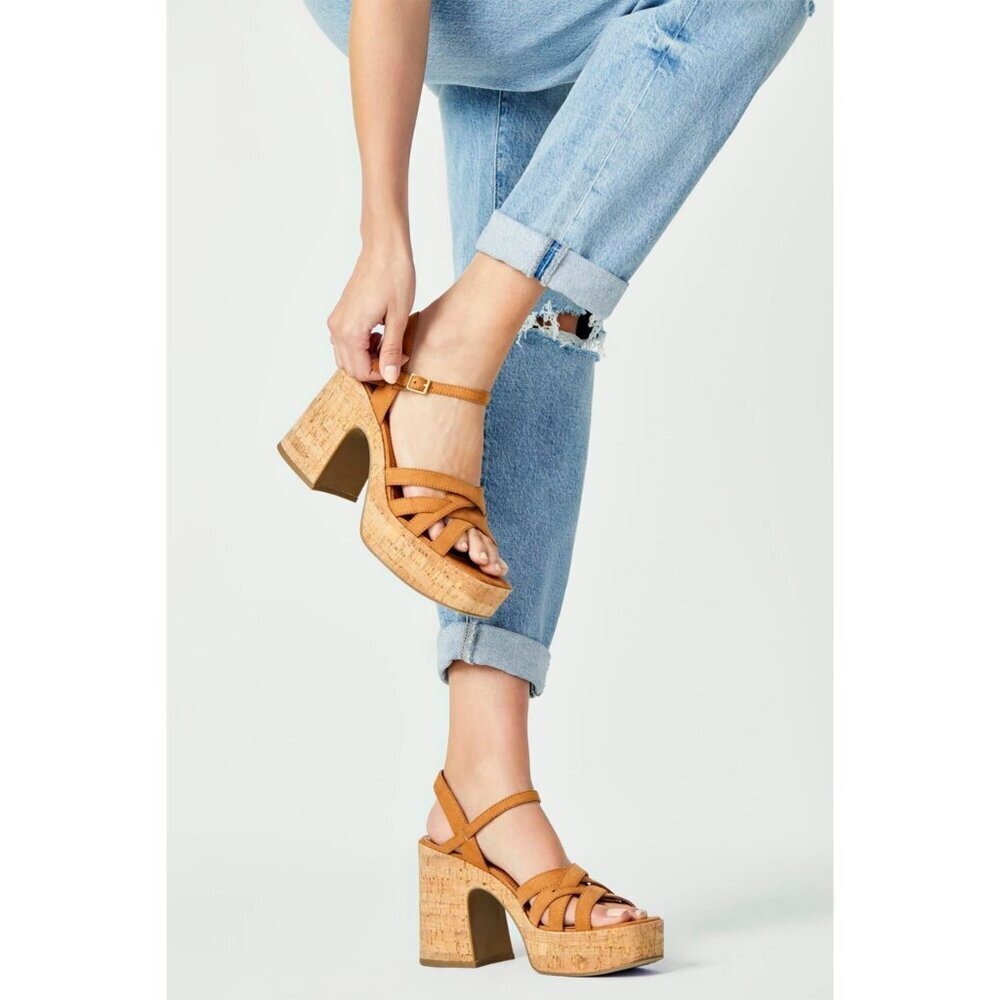 Nwt Lucky Brand Taiza Leather Block Heel Platform Sandals Orange Women 8.5